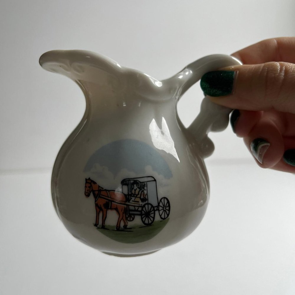 Vintage Miniature Ceramic Pitcher - Retro Horse and Buggy Decor - Collectible